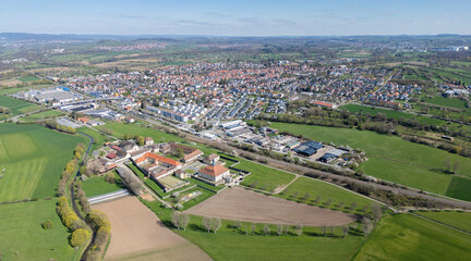 Aerial panoramic view around the city Kronach in Germany on a sunny spring day