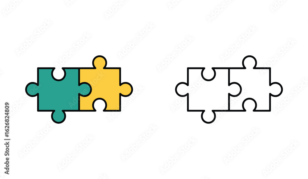 Poster two interlocking jigsaw puzzle pieces in color and outline representing teamwork and problem solving