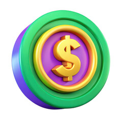 Obraz premium 3d golden dollar coin with green and purple rim isolated on transparent background