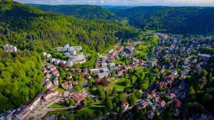 Aerial view of the city Bad Herrenalb in Germany on a sunny day in spring