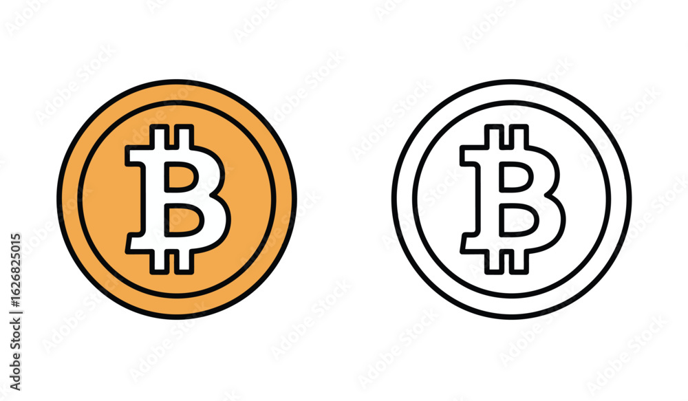 Poster bitcoin cryptocurrency tokens in color and line art representing decentralized digital currency conc