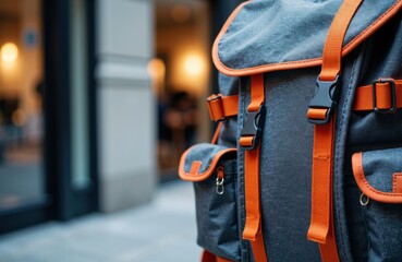 Travel backpack with multiple compartments and orange accents on urban street background
