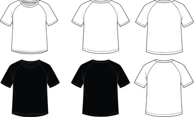 Naklejka premium Black and White Raglan T-Shirt Templates, Front and Back View, Fashion Illustration, Apparel Design, Casual Wear, Vector Mockup, Clothing Graphic