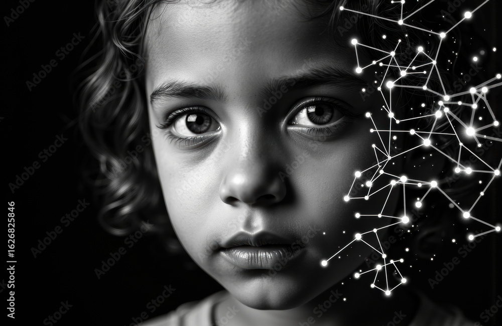 Poster child with intense gaze and curly hair, surrounded by a digital network of interconnected points and