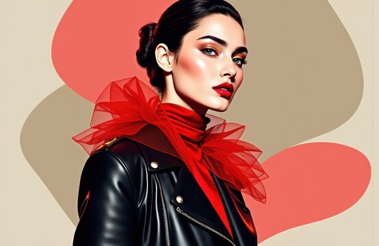 A fashionable woman with bold makeup wearing a leather jacket and red tulle accessory