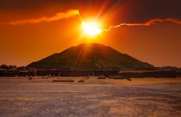Teotihuacan pyramids complex located in Mexican Highlands at sunset and Mexico Valley close to...