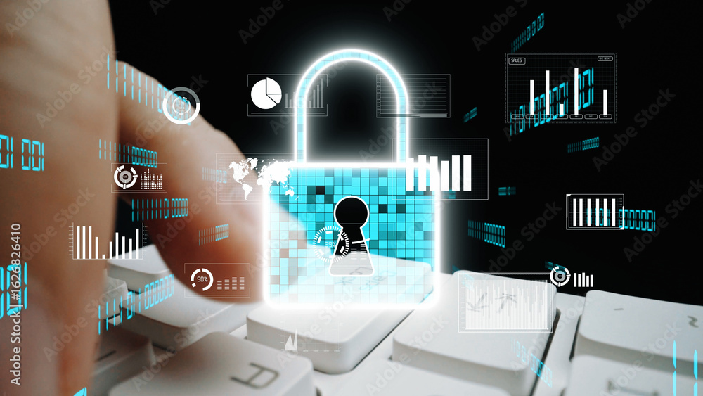 Poster a captivating digital security concept featuring a glowing lock symbol above a keyboard, emphasizing