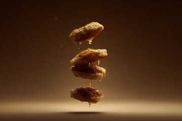 Stack of Four Pancakes Floating with Dripping Honey on a Warm Brown Background in Soft Studio Lighting, Minimalist Style