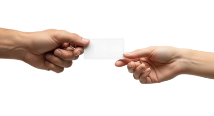 Male and female hands exchanging a blank white business card. Isolated on transparent background, png