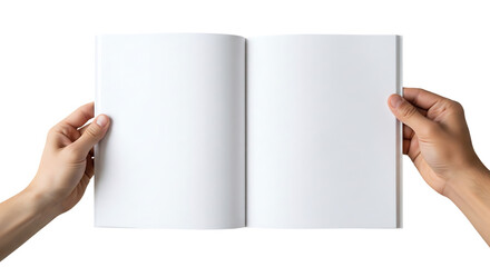Male hands holding an open blank book or brochure for mockup. Isolated on transparent background, png