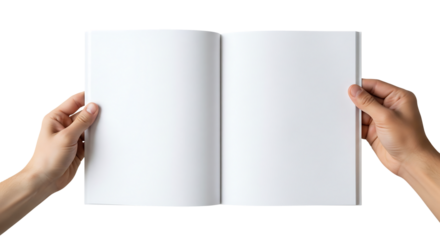 Male hands holding an open blank book or brochure for mockup. Isolated on transparent background, png