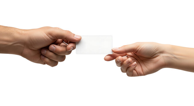 Male and female hands exchanging a blank white business card. Isolated on transparent background, png