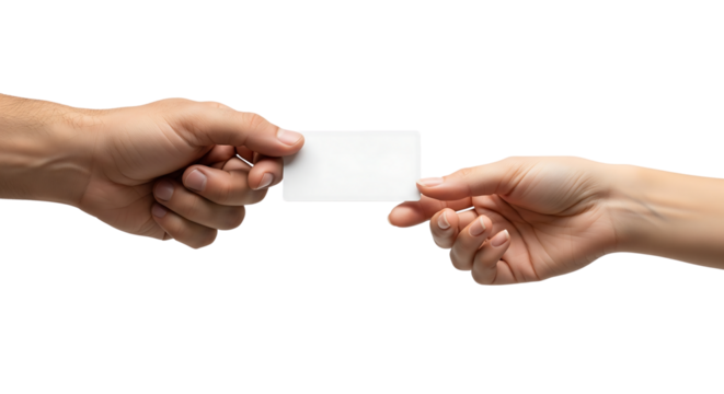 Male and female hands exchanging a blank white business card. Isolated on transparent background, png