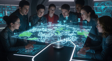 Group of people looking at a holographic map on a table in a futuristic command center setting design