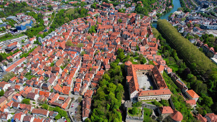 Aerial panorama view of the old town city Tübingen in Germany on a sunny spring day
