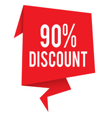 90 percent discount tag, red offer speech bubble, sale promotion banner vector