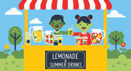 Naklejka premium Illustration of Children Selling Lemonade and Summer Drinks at a Stand