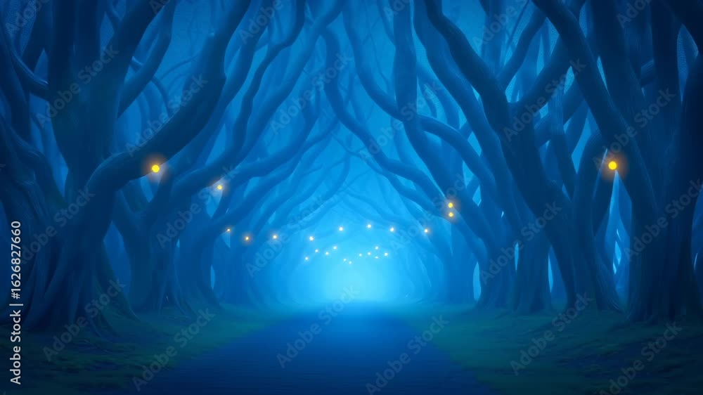 Poster dense forest with twisted trees creating mysterious tunnel. glowing blue light illuminates path with