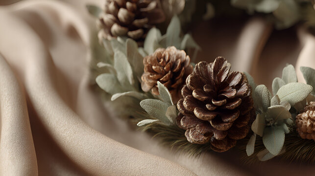 Close-up of a wreath decorated with pinecones and foliage resting on a draped, silky, beige cloth.