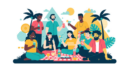 Naklejka premium A vibrant illustration of a diverse group of young friends enjoying a festive outdoor picnic party with drinks and snacks.