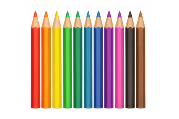 Realistic colored pencils are arranged in a row on a transparent background, ready for creative drawing and coloring