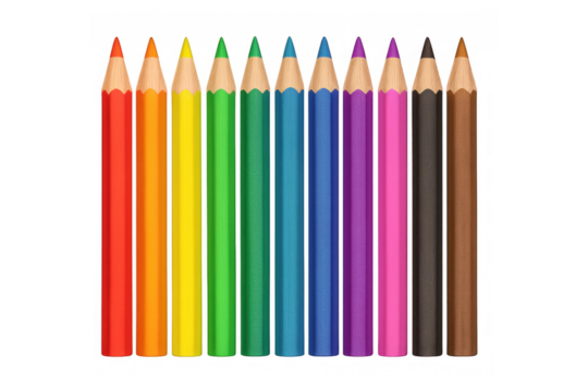 Realistic colored pencils are arranged in a row on a transparent background, ready for creative drawing and coloring