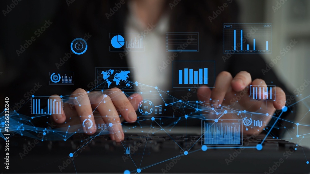 Aufkleber a focused woman engages with a laptop, featuring digital data visualizations and graphs that represe
