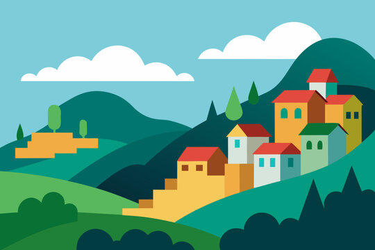 Colorful geometric village nestled on rolling green hills under a blue sky