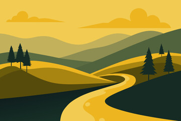 Stylized landscape with rolling hills a winding road and pine trees under a golden sky