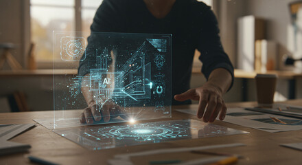 Navigating the Digital Canvas: A person's hands delicately interact with a futuristic holographic interface, brimming with dynamic digital diagrams, charts and information.