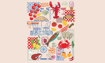 Sardines love club. Oyster club print design. Sweet fruit artwork. Lemon and drink artwork. Tomato print. Lobster fish and crab artwork for t shirt print.