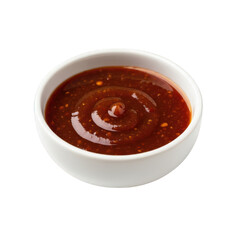 A small white bowl filled with thick rich barbecue sauce isolated on transparent background
