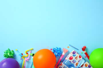 Festive birthday celebration frame with party supplies