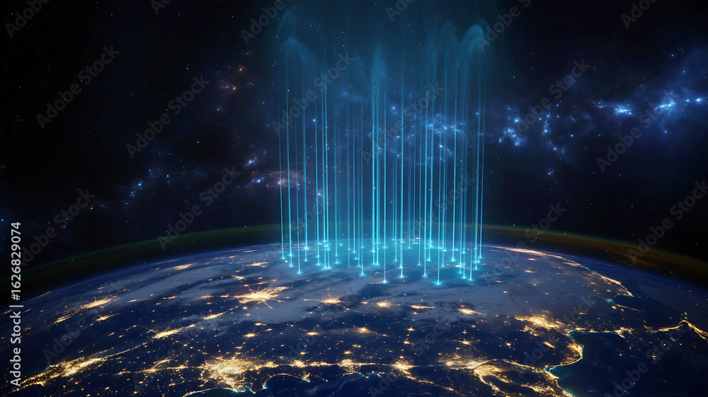 Aufkleber global network connection concept with glowing blue light beams transmitting data from earth into sp