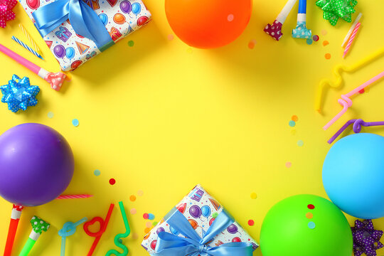 Yellow party frame background with balloons and gifts