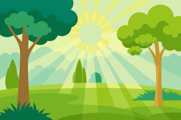 Obraz premium Stylized sunny landscape with trees and rolling green hills