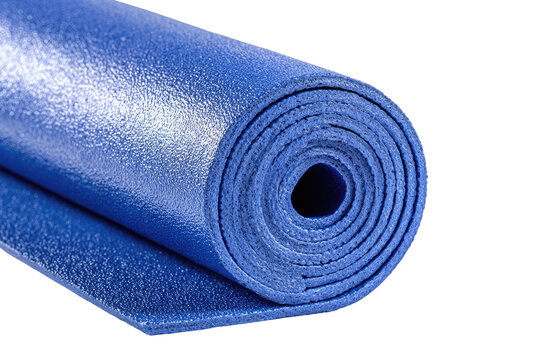 Rolled-up, vibrant blue exercise mat