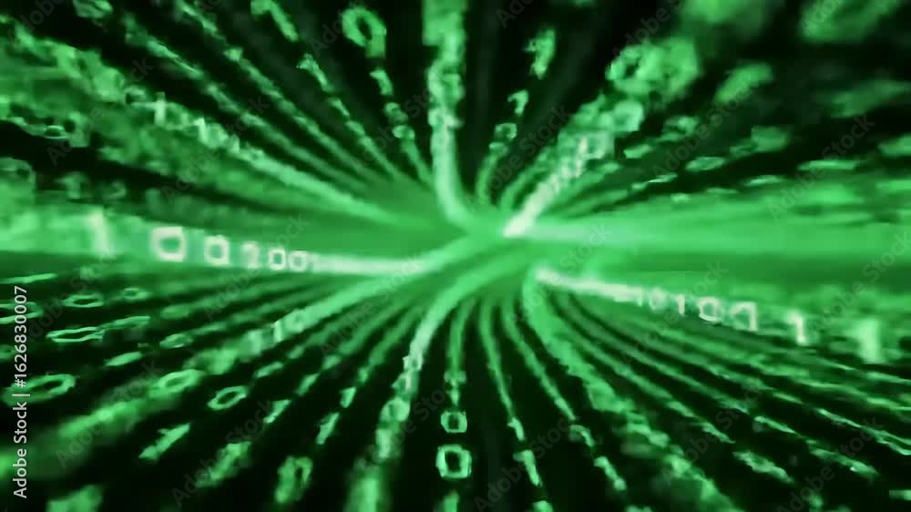 Poster digital matrix binary code tunnel with abstract green light