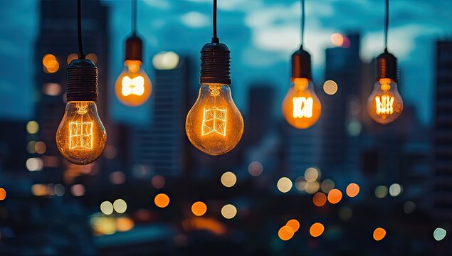 Warm incandescent light bulbs hang in the evening city