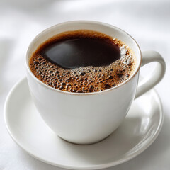  close-up of a steaming cup of black coffee in a white ceramic cup and saucer, capturing the rich aroma and simplicity of a morning ritual