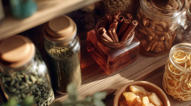 Aromatic pantry filled with spices and dried fruits in rustic glass jars on a wooden shelf.