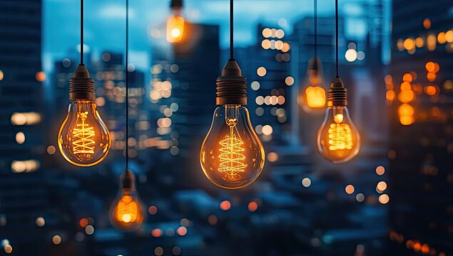 Warm Edison bulbs illuminate a cityscape at twilight - Powered by Adobe
