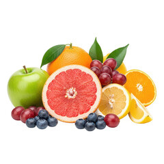 A vibrant assortment of fresh healthy and ripe fruits including a green apple grapefruit oranges blueberries and grapes isolated on transparent background