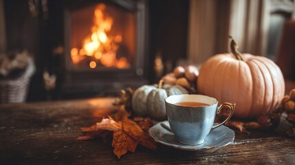 Cozy autumn scene with tea, pumpkins, and fireplace ambiance.