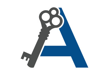 Old key house icon logo. Old key silhouette antique lock illustration on white background with latter A