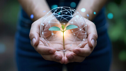 Woman's hands holding a sapling inside a holographic global network, symbolizing sustainable innovation and green technology.