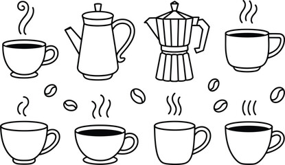 Line art coffee illustration: mugs, coffee pot, and moka pot with coffee beans; minimalist, simple, and warm.