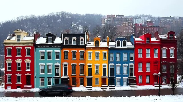 Colorful Row Houses in Winter, A Vibrant Urban Scene in Pittsburgh during Snowfall