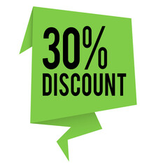 Bright Green Origami-Style 30% Discount Banner, Bold Black Text,  Modern Sale Announcement,  Clean Design,  Promotional Graphic,  Ideal for Web or Print Marketing,  Eye-Catching and Informative.