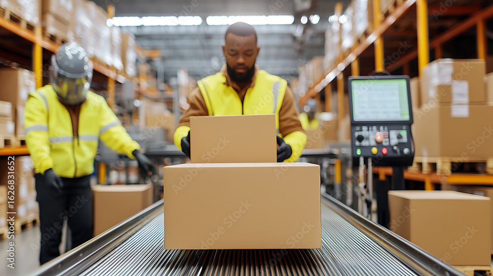 Poster workers process packages on a conveyor belt in a large distribution warehouse, focusing on efficienc